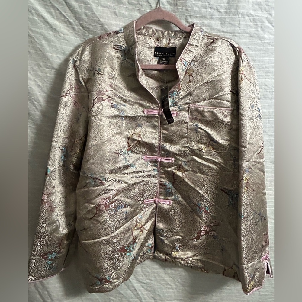 Y2K Robert Louis Women Pastel Floral Gold Metallic Silk Pockets Bows Blazer XL